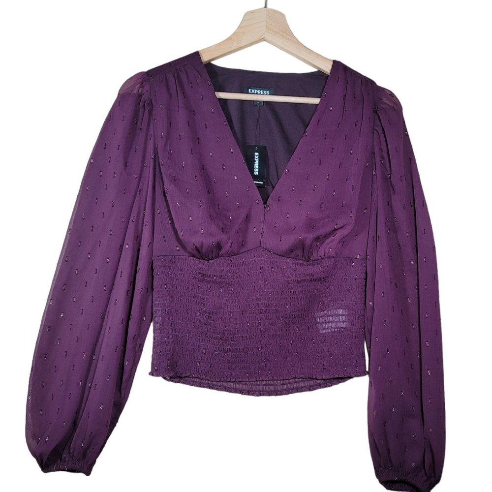 NWT Express Metallic Plum Blouson Smocked Cropped Blouse Shirt Women's S